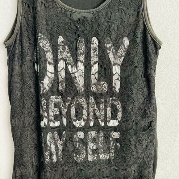 Black Lace Overlay White Graphic Lettering Tank Top Only Beyond Myself - Picture 3 of 5